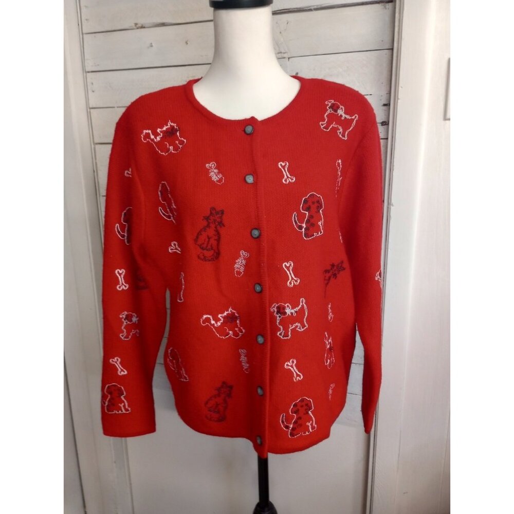 Vintage Susan Bristol 100% Wool Knitted Embroidered Dog Cardigan Sweater Large